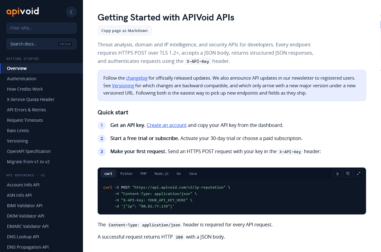 The new APIVoid API documentation page with code examples