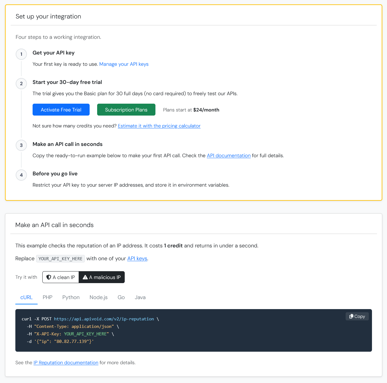 The new dashboard home page for a new user with the Set up your integration steps and the API call example